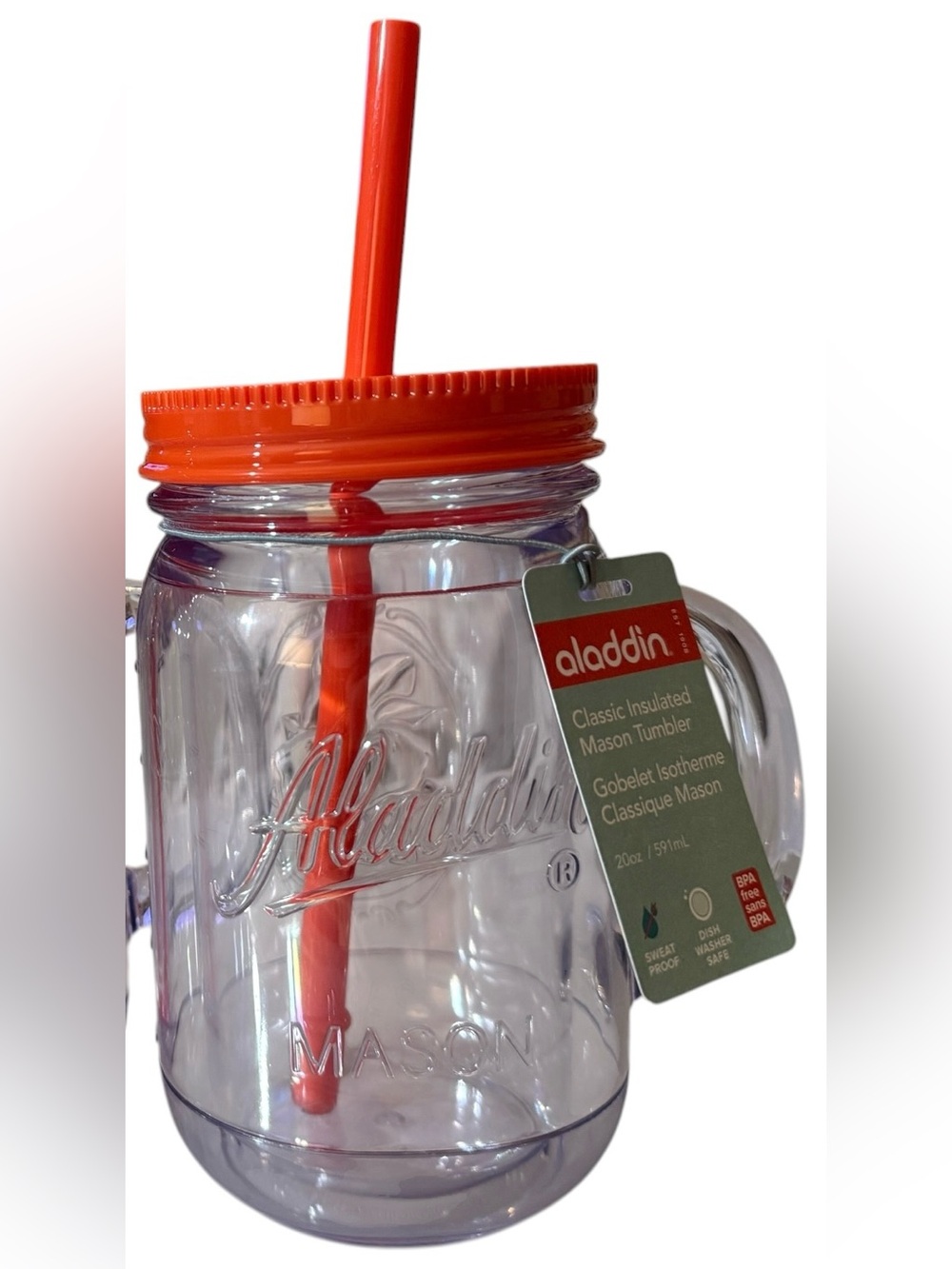 ONE Aladdin Classic Double-walled Mason Tumbler with Orange Lid & Straw, 20 oz.
